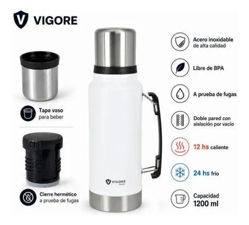Termo Hermético Inoxidable Asa Plegable 1200ml Doble Pared Blanco