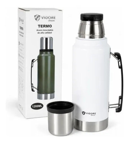 Termo Hermético Inoxidable Asa Plegable 1200ml Doble Pared Blanco