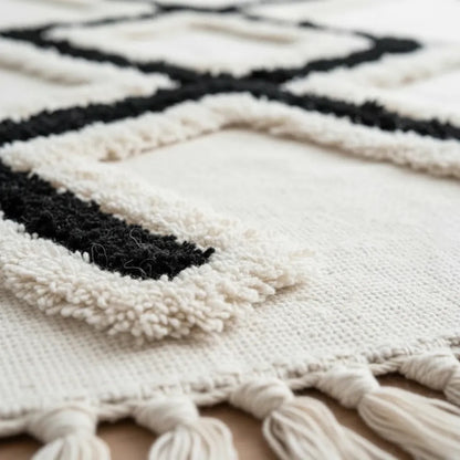 Alfombra Bohemia Algodon 60x140 Flecos Geometrica Pasillo 1.4 M 60 Cm Blanco