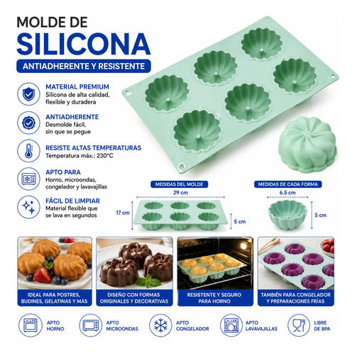 Molde Silicona 6 Formas Horno 29x17cm Repostería Horno Verde