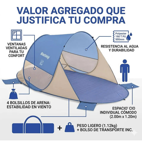 Carpa Refugio Playa Autoarmable Cortaviento Filtro Uv 80 2m Azul