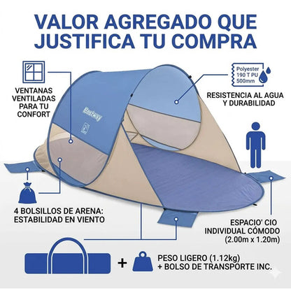 Carpa Refugio Playa Autoarmable Cortaviento Filtro Uv 80 2m Azul