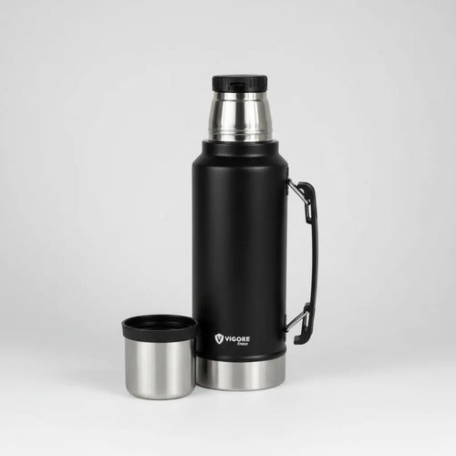 Termo Acero Inoxidable 1.2l Asa Plegable Hermético 2 Paredes Negro Mate