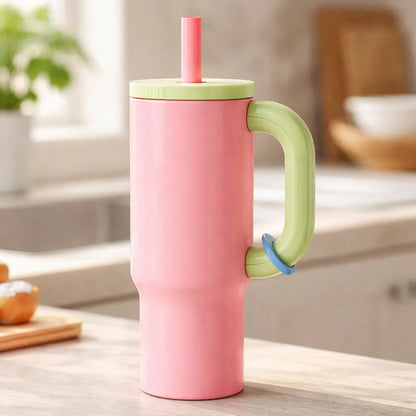 Vaso Termico 1.2l Acero Manija Sorbito Tapa 4 Color Botella Rosado Con Verde Moderno Con Manija Y Sorbito