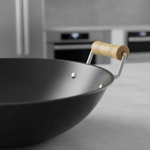 Sartén Wok Antiadherente Acero Carbono Redondo Asas Madera Negro