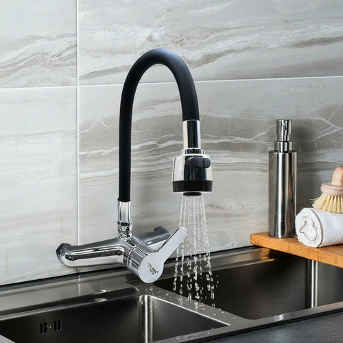 Monocomando Mesada 20cm Ente Caño Cocina Canilla Flexible Plateado Con Negro