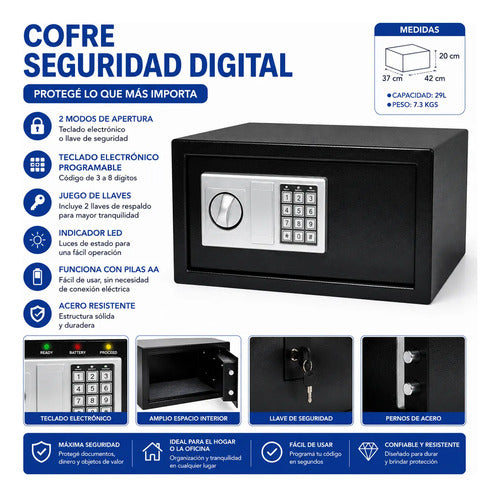 Cofre Caja Fuerte Seguridad Digital Electrónico Acero Llaves Negro