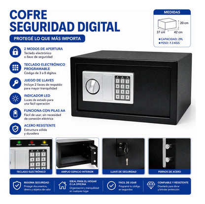 Cofre Caja Fuerte Seguridad Digital Electrónico Acero Llaves Negro