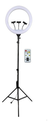 Aro De Luz Led 47cm Con Tripode Control Remoto Y 3 Soportes Blanco Blanco Cálido