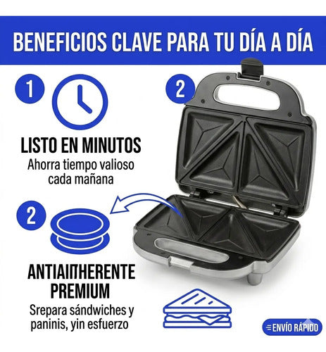 Sandwichera Electrica 750w Antiadherente Acero Inoxidable Eq Negro