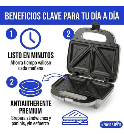 Sandwichera Electrica 750w Antiadherente Acero Inoxidable Eq Negro