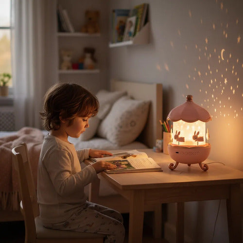 Lámpara Veladora Proyector Infantil Giratoria Música Luz Led Rosa