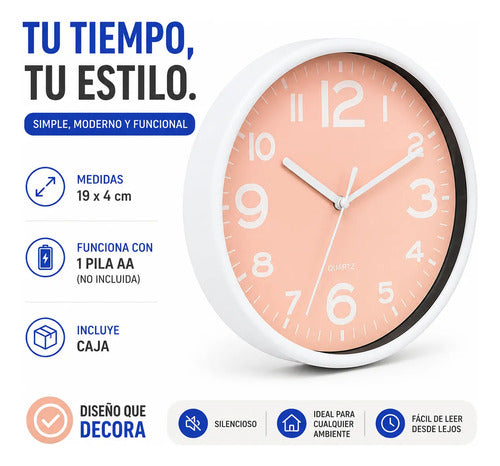 Reloj Pared Decorativo Redondo Analógico Salmón 19cm Blanco Salmón