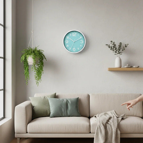 Reloj Decorativo Pared Plástico Redondo Analógico 19cm Blanco Celeste