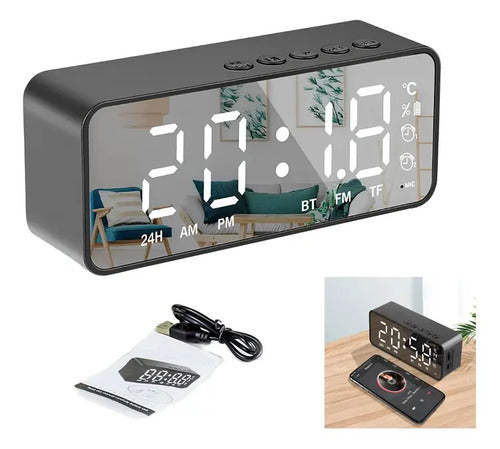Reloj Despertador Alarma Fm Tf Aux Recargable 800mah Soporte Negro
