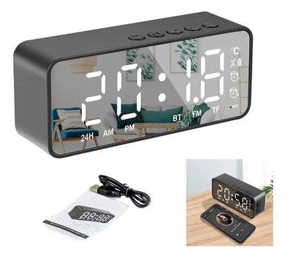Reloj Despertador Alarma Fm Tf Aux Recargable 800mah Soporte Negro