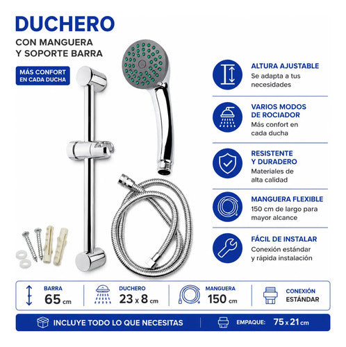 Set Ducha Baño Manual Soporte Ajustable Manguera Flexible Plateado Cromado