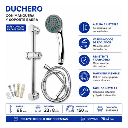 Set Ducha Baño Manual Soporte Ajustable Manguera Flexible Plateado Cromado