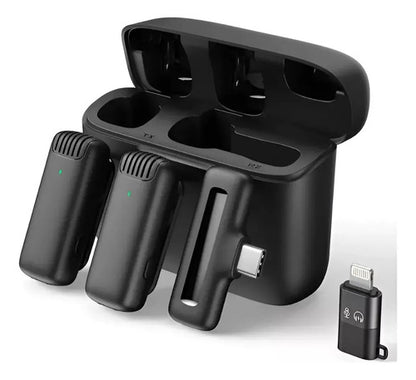 Microfono Corbatero Doble Periodista Inalambrico Caja Carga Color Negro