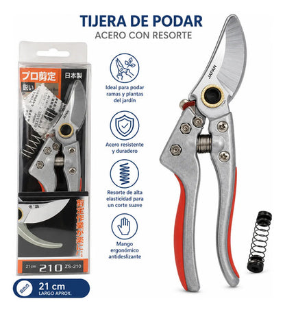 Tijera Podar Jardin Acero Mango Ergonomico Resorte 21cm Gris