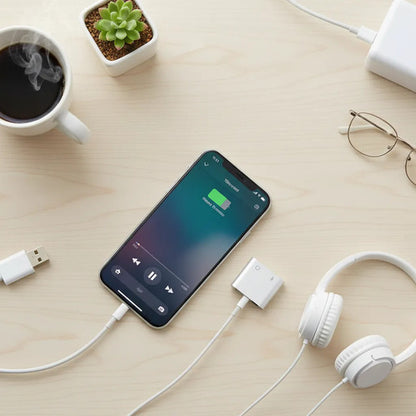 Cable Adaptador Ios 2 En 1 Carga Y Audio Jack 3.5 Celular Blanco