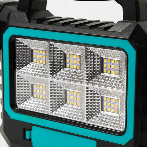 Foco Linterna Reflector Led Recargable Panel Solar Portatil Blanco Frío Celeste Con Negro