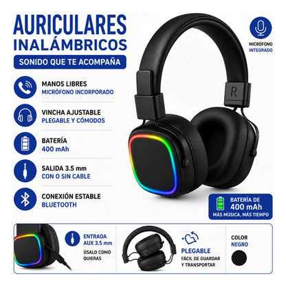 Auriculares 3.5mm Micrófono Rgb Plegables Vincha Ajustable Negro