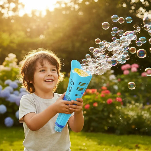 Pistola Lanzador Burbujas Led Depósito Pilas Aa Infantil Celeste