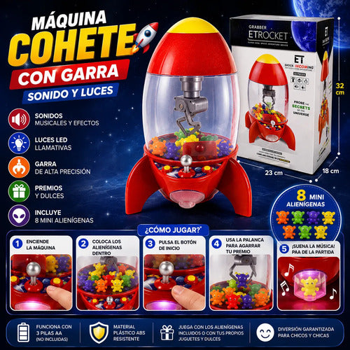 Máquina Garra Cohete Infantil Luces Sonido Premios Juguete Rojo