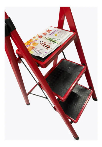 Escalera De 3 Escalones Antideslizante Plegable Metal Roja Rojo