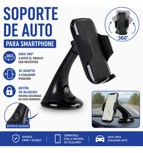 Soporte Porta Celular Auto Parabrisas Tablero 360 Ajustable Negro