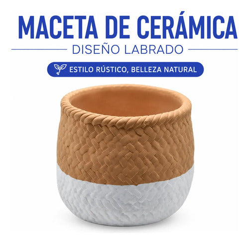 Maceta Cerámica Decorativa Labrada Diseño Yute Rústica 13cm Beige Con Blanco