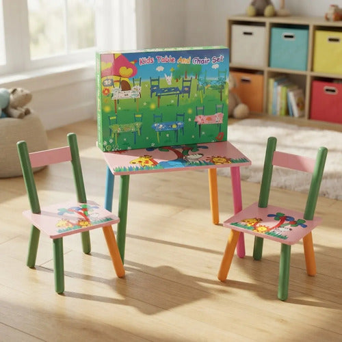 Set Mesa Infantil 2 Sillas Madera Diseño Animado Niños Rosa
