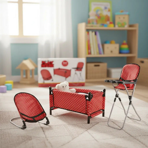 Set 3 En 1 Cuna Silla Alta Mecedora Para Muñecas Plegable Rojo
