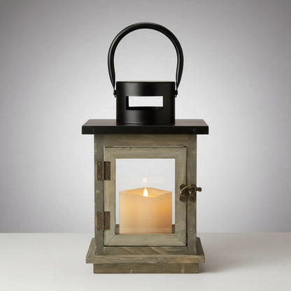 Farol Decorativo Rústico Portavelas Madera Metal 26x15cm Gris Envejecido Con Negro