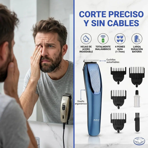 Set Maquina Cortapelos Htc Inalambrica Hoja Acero T 10 Azul Azul