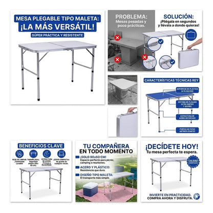 Mesa Plegable Portatil Valija Acero Plastico 90cm Plastico Blanco