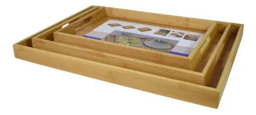 Set Kit Pack X3 Bandejas Madera Rectangulares Cocina Hogar Natural / Madera
