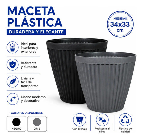 Maceta Grande Plastica Decorativa 34x33cm Jardin Exterior Gris Acanalado Vertical