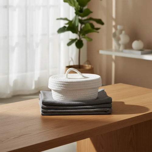 Canasto Cesto Organizador Tejido Cuerda Algodón Tapa 27x9cm Blanco