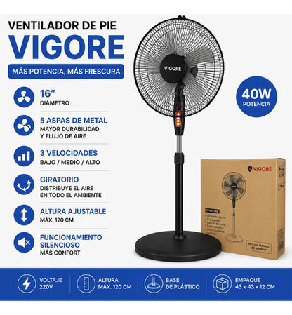 Ventilador De Pie 16 Pulgadas 5 Aspas Metal 40w Ajustable 40.6 Cm Negro Gris