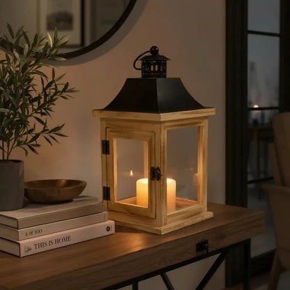 Farol Decorativo Rústico Portavelas Madera Metal 30x15x15cm Madera Natural Con Negro