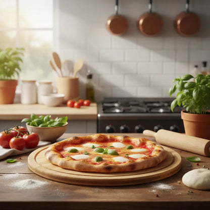 Tabla Pizzera Madera Mango 50x35cm Redonda Picar Cortar Pizzera Con Mango Marrón