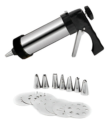 Maquina Pistola Para Galletitas Manual Con Moldes Y Picos Plateado
