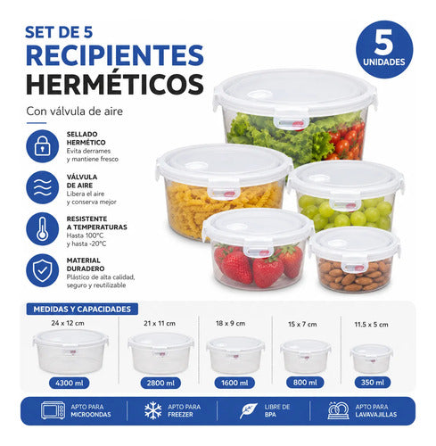 Set Recipientes Plastico Tuppers Hermeticos Cocina Pack X5 Blanco