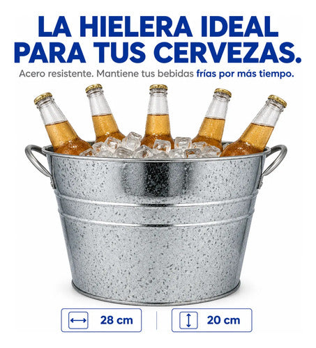Hielera Balde Cervecera Bebidas Acero Manijas 28cm Metalica Plateado Lisa