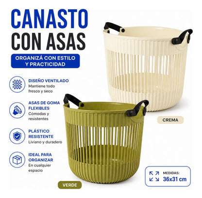 Canasto Cesto Organizador Plastico Multiuso Asas Flexibles Verde
