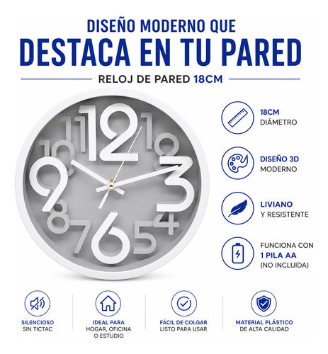 Reloj Plástico De Pared Redondo Números 3d 18cm Decorativo Gris Con Borde Blanco
