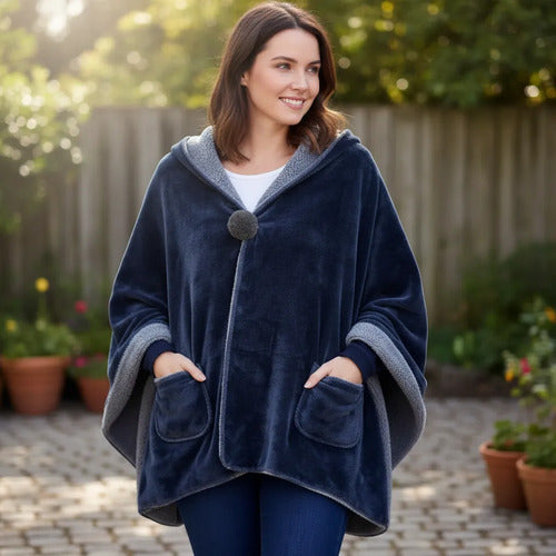 Poncho Manta Corderito Bolsillo 170x65cm Abrigo Frio 450gr Azul Liso U