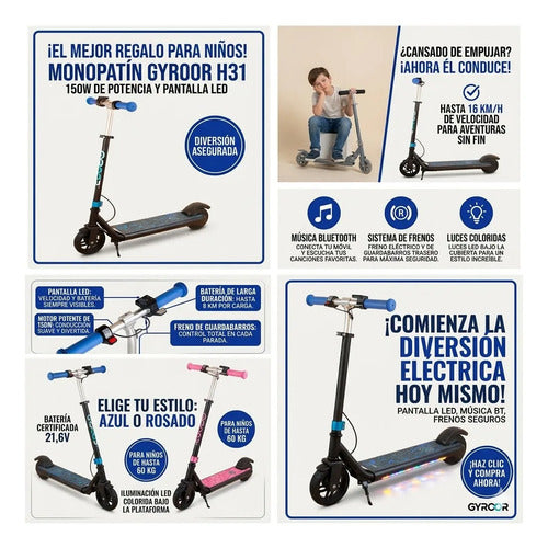 Monopatin Electrico Infantil Plegable 150w Bluetooth 16km/h Azul